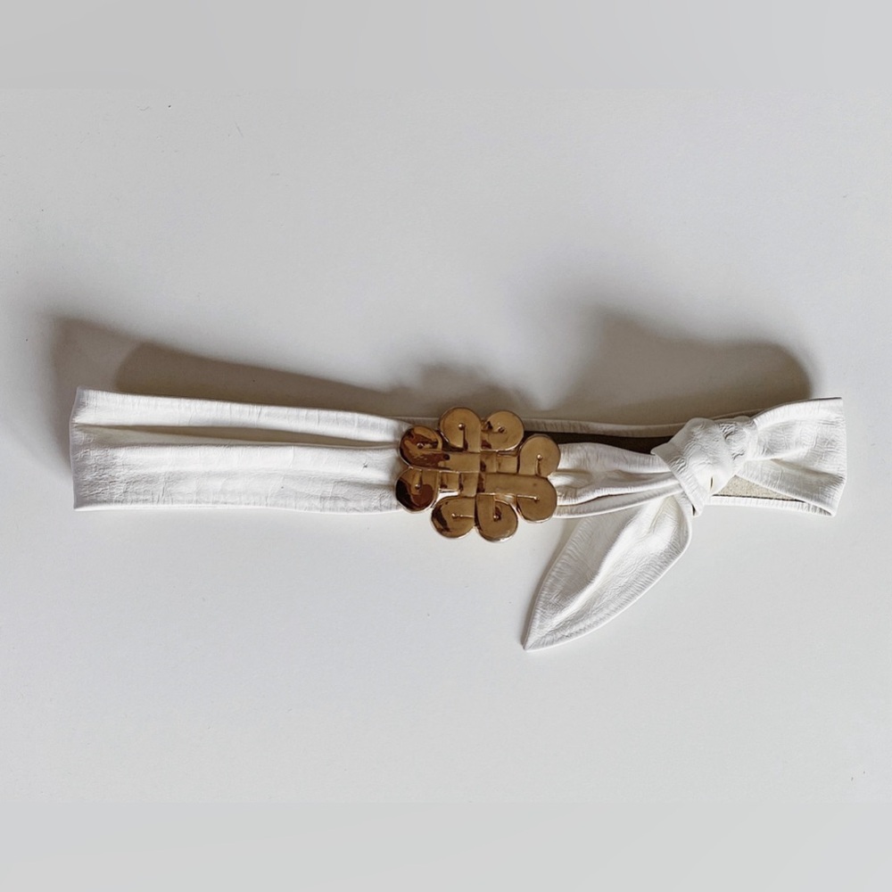 vintage ivory white leather shop cinch belt - gold knot buckle 32 30 26 inch